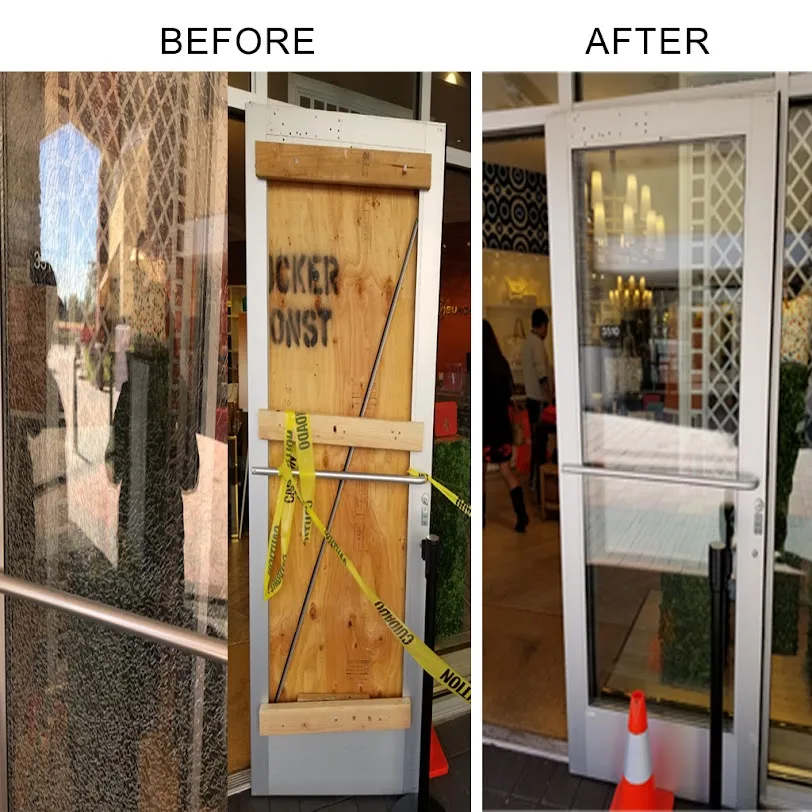Before and after photos of a shop door, first covered with plywood and caution tape, then fitted with clear glass