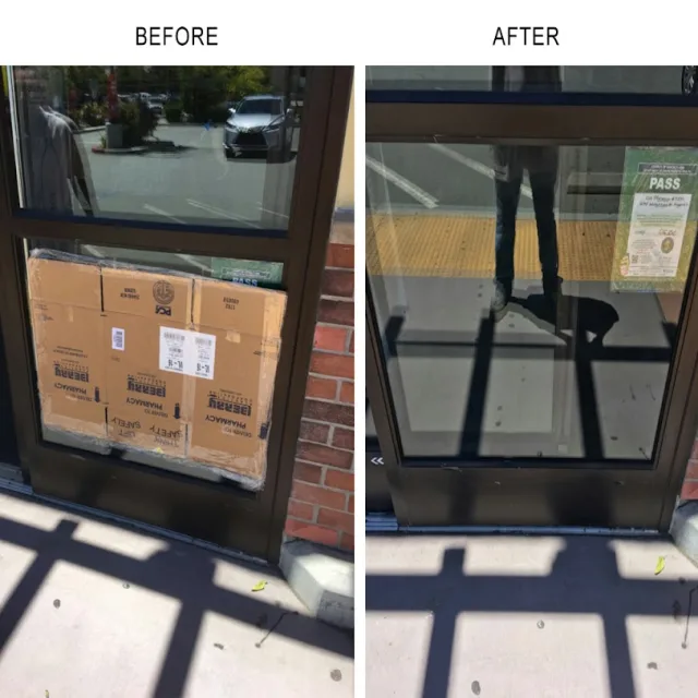 Before and after photos of a dark framed shop door, first with cardboard over the lower opening and then with clear glass