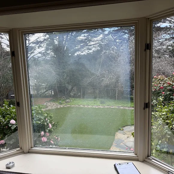 A bay window with a hazy center pane that blurs the view of a garden and lawn