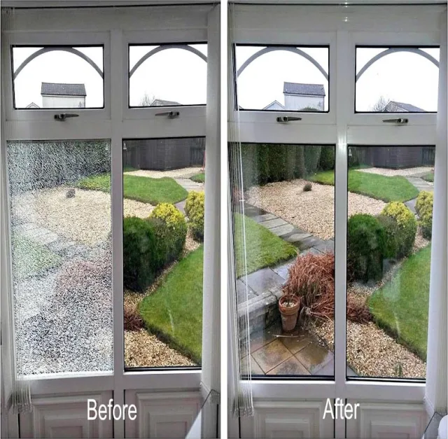 Before and after photos of a garden window, first with one shattered pane and then with clear new glass