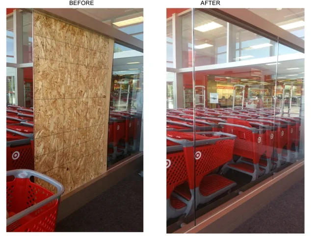 Before and after photos of a large store window, first covered with plywood and then glazed, with red shopping carts inside
