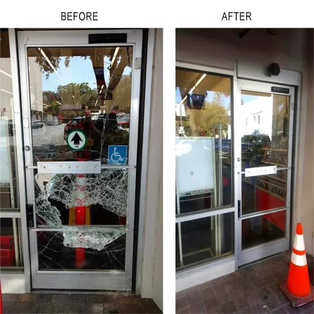 Before and after photos of a shop entrance door, first with shattered glass and then with a new clear pane